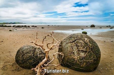 تخته سنگ های موراکی (تخم اژدها) در ساحل کوکوهه (Koekohe)، نیوزیلند